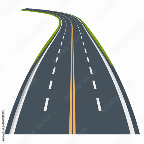 Illustrating a minimalist two‑lane curved road with green edges and dashed white markings from a side perspective in a clean digital illustration designed for instructional use