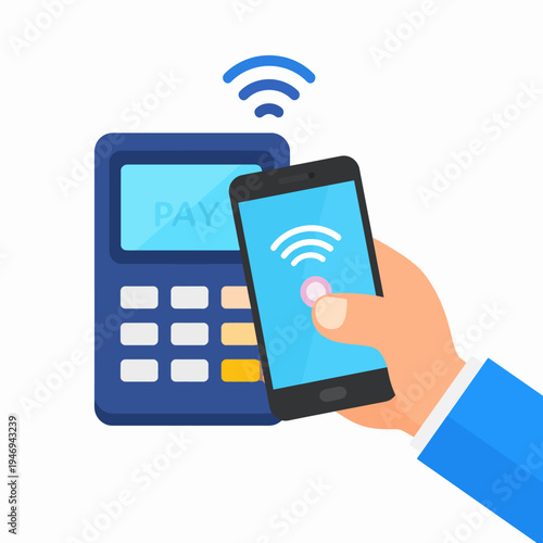 Close-up view of a hand holding a smartphone displaying a wireless payment symbol in front of a blue payment terminal with Wi‑Fi icon, captured from a frontal perspective in a studio
