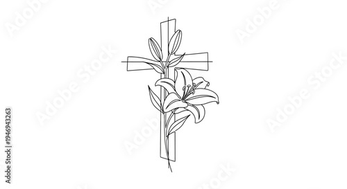 Christian Cross with Lily Flower Outline Drawing