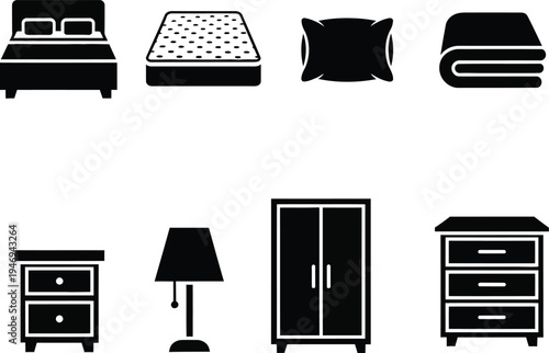 Collection of black bedroom furniture including bed mattress pillow blanket wardrobe nightstand and lamp