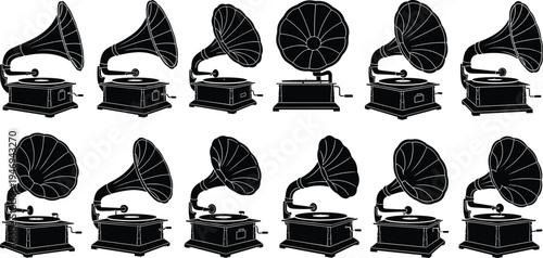 Black silhouette collection of vintage antique gramophones with large horns shown from multiple angles isolated on white background for retro music and nostalgia design