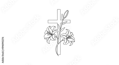 Line Art Cross with Easter Lilies, Religious Symbolism, Easter, Spring