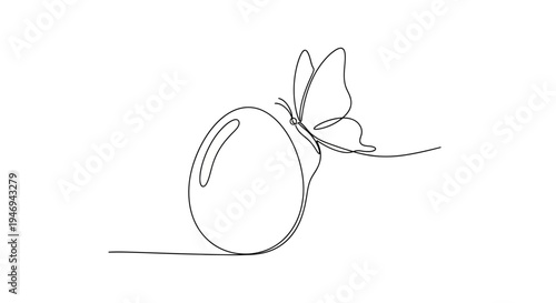 Minimalist single line drawing of a butterfly on an egg, symbolizing spring and rebirth.