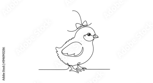 Cute chick with a bow, one-line drawing, simple, minimalist, adorable bird