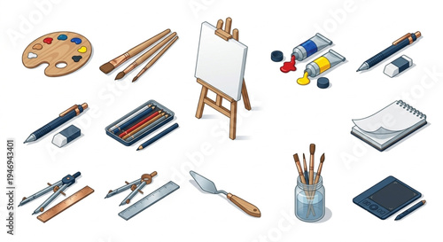 Artist Creative Tools Set Isometric Vector, Fine Art Painting Equipment