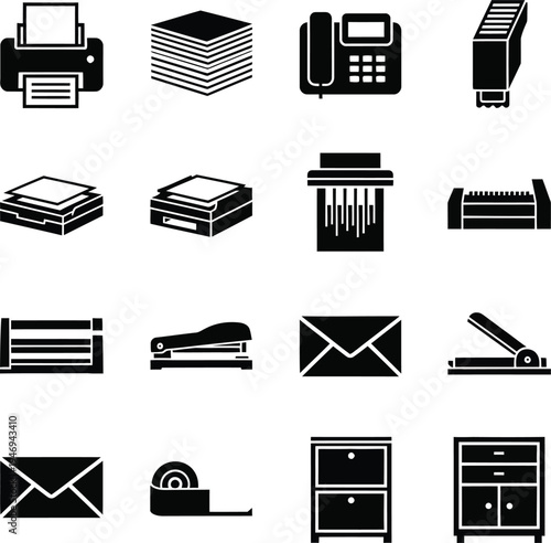 Collection of black office supply on white background printer stack of paper telephone ink cartridge scanner paper shredder stapler envelope tape dispenser filing cabinet office supplies
