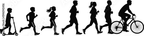 Black Silhouette Set of Active People Running Jogging Cycling and Riding Scooter Isolated on White Background for Sports Fitness Health and Marathon Design Projects