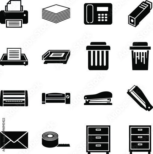 Collection of black office supply on white background printer paper stack fax machine laser pointer scanner