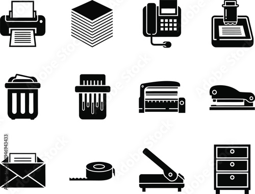 Collection of black office supply on white background printer stack of paper fax machine stamp trash can shredder stapler tape dispenser envelope tape roll hole punch filing cabinet office supplies