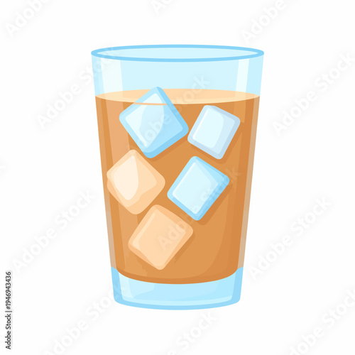 A cartoon illustration shows a clear glass filled with iced tea-like beverage, featuring floating ice cubes, captured from a frontal viewpoint, highlighting refreshing summer drink presentation