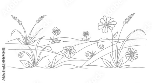 Whimsical Meadow Line Art: Flowers, Grass, Rolling Hills, Simple Hand-Drawn Style