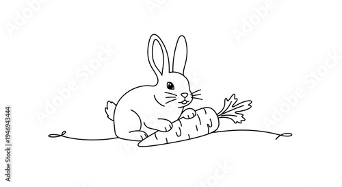 Cute Rabbit Outline Drawing with Carrot on White Background