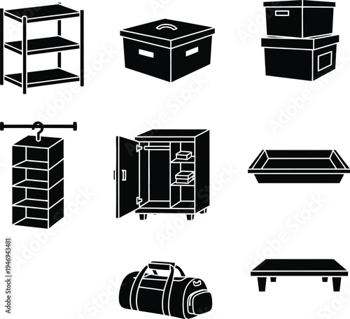 Collection of black storage and furniture on white background shelf rack cabinet wardrobe