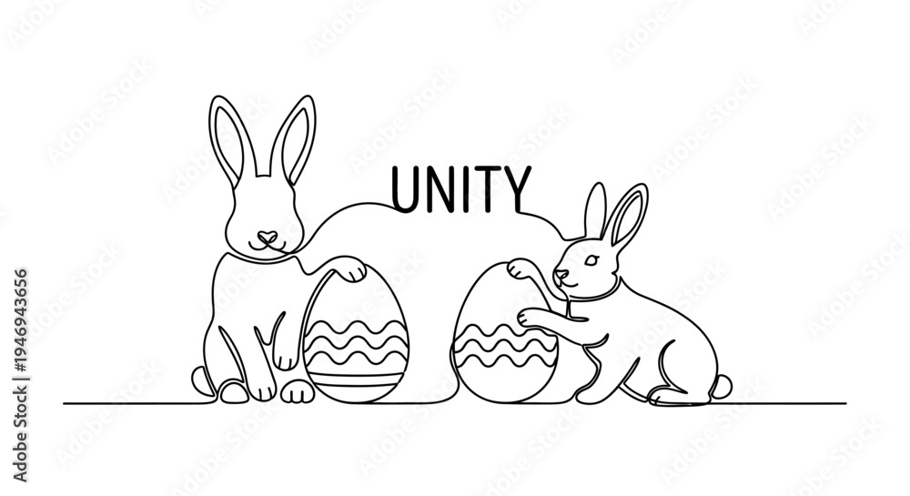 Fototapeta premium Two cartoon bunnies with Easter eggs and the word UNITY, line art