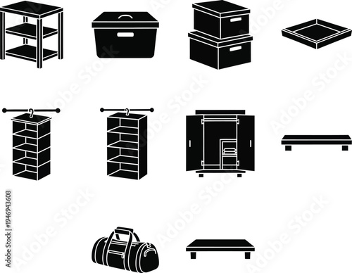 Collection of black storage furniture and bags shelf cabinet