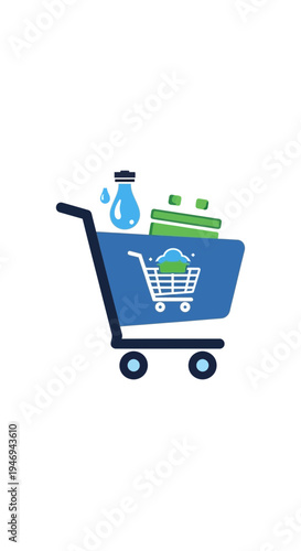 Online Shopping Icon Depicting Cart, Sanitizer, and Packages, Symbolizing E-commerce Convenience