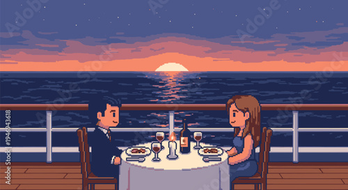 Couple Dining on Cruise Ship Deck Sunset.