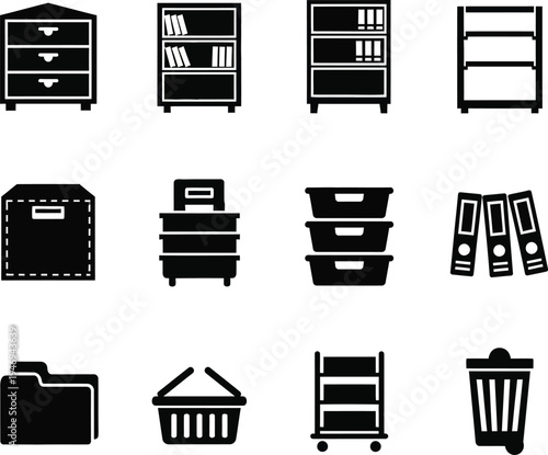 Collection of black storage and organization on white background furniture cabinet drawers