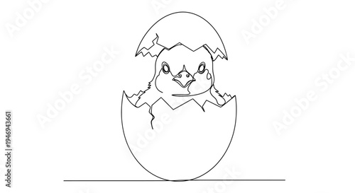 Cute chick hatching from cracked egg, line art illustration, symbol of new life
