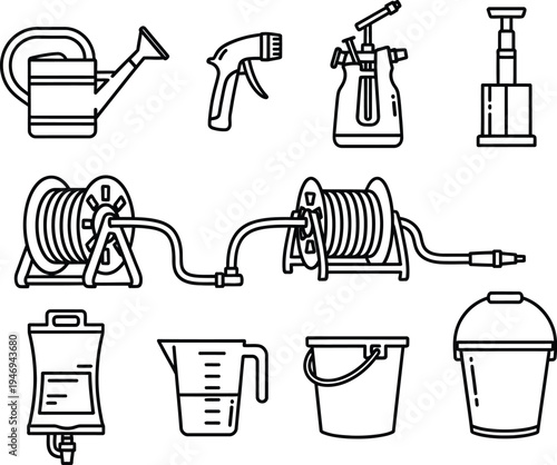Collection of garden and cleaning tools watering can spray bottle pressure sprayer pump hose reel measuring jug bucket