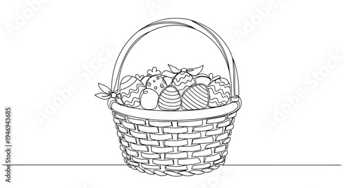 Easter Basket with Decorated Eggs - Line Art Illustration