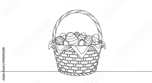 Easter Basket with Decorated Eggs - Black and White Outline