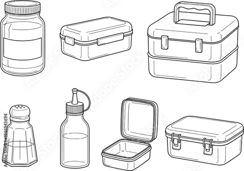 Collection of line of food containers and dispensers bottle lunch box shaker