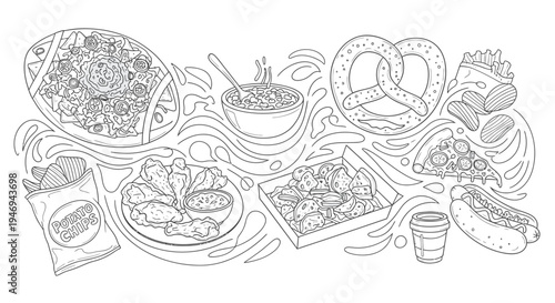 Assorted Food Items and Dishes Illustration.