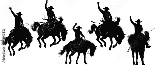 Black Silhouette Vector Set of Cowboys Riding Bucking Horses in Rodeo Action Poses with Men Waving Hats Isolated on White Background for Western Design