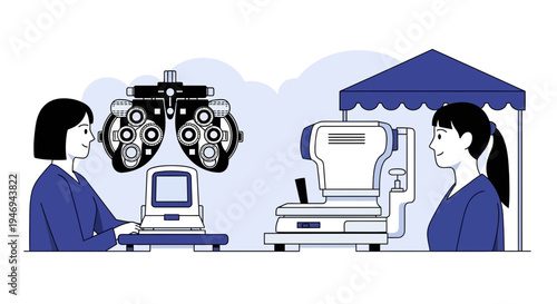 Optometric Examination Illustration Depicting Eye Care Professionals And Patients In Consultation