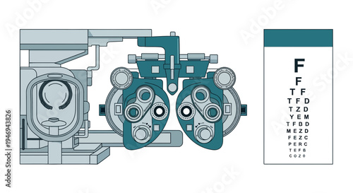 Optometric Instruments and Vision Chart Depicting Eye Care Equipment for Visual Acuity Tests