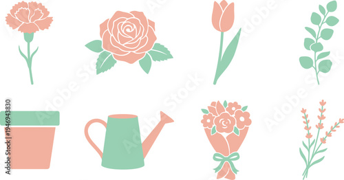 Mother's Day floral elements with carnation rose tulip eucalyptus branch flower pot watering can floral bouquet lavender sprig in blush pink peach mint green for Mother's Day floral design