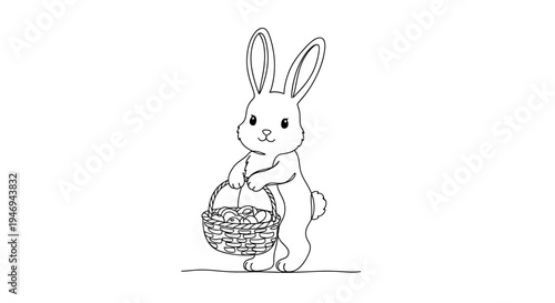 Cute Easter Bunny Holding Basket of Eggs Outline Drawing