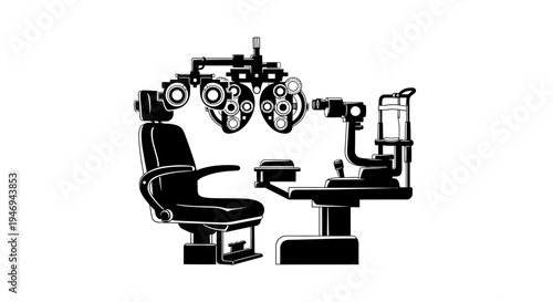 Optometric Instruments Silhouetted, Ready For Eye Exam In Black And White