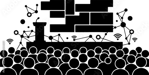 A modern vector graphic illustration of a crowd with a stage and abstract design elements