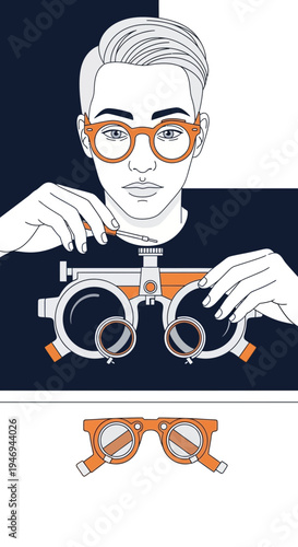 Optometrist Demonstrates Refraction Process with Eyeglasses and Trial Frame for Visual Acuity