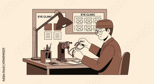 Optometrist Crafting Eyeglasses in Eye Clinic, Focusing on Vision Care and Frame Design