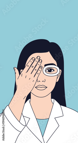 Optometrist Demonstrating Eye Exam Technique Using Ocular Instrument And Eye Covering Gesture