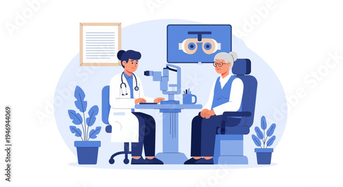 Optometrist Examination of Senior Woman with Eyeglasses in Clinical Environment