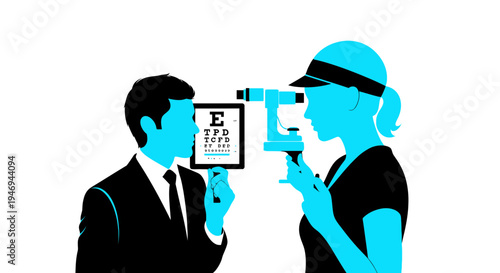 Optometrist Examining A Patient's Vision Using Standard Eye Chart And Equipment