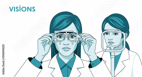 Optometrist Examining Patient's Eyesight With Visual Tools In Modern Medical Illustration
