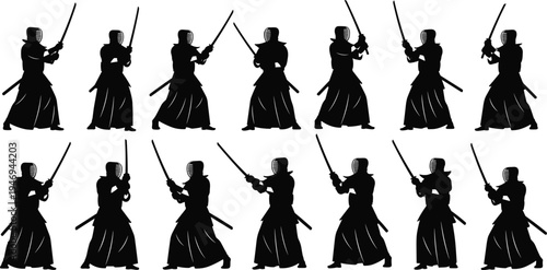Black Silhouette Vector Set of Kendo Martial Arts Fighters Wearing Traditional Armor and Holding Bamboo Shinai Swords Isolated on White Background for Sports Design