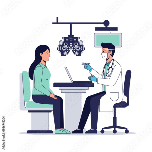Optometrist Examining Patient's Vision with Modern Equipment in a Clinic Setting Illustration