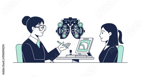 Optometrist Examining Patient's Vision, Modern Eyecare Consultation Illustration