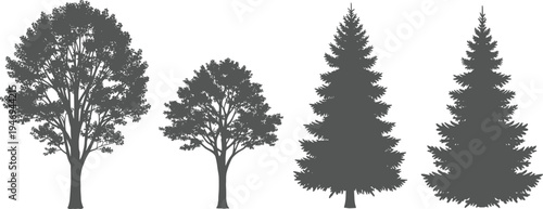 Black Silhouette Vector Set of Four Realistic Deciduous and Coniferous Trees Including Oak and Spruce Isolated on White Background for Professional Landscape Design Projects