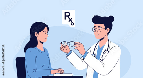 Optometrist Examining Patient's Vision, Prescribing Eyeglasses, and Providing Consultation.