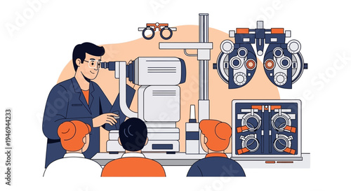 Optometrist Examining Patients Eyesight with Modern Equipment in Clinic Setting
