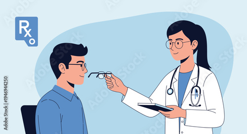 Optometrist Examining Vision of Patient with Spectacles for Eyeglasses Prescription