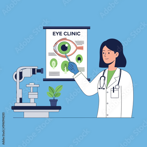Optometrist Illustrates Eye Anatomy in Clinic with Examination Equipment and Diagrams
