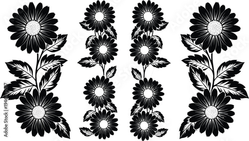 Black sunflower floral border and vertical ornament set with bold botanical silhouettes, decorative nature elements isolated on white for design, prints, and branding